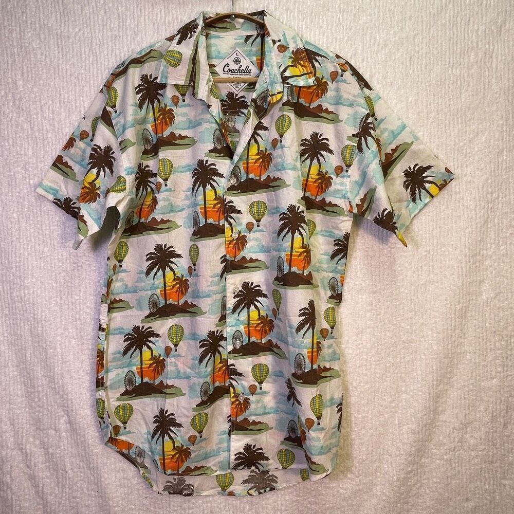 Coachella Music Festival Multicolor Hot Air Balloon Cotton Button Up Shirt Large